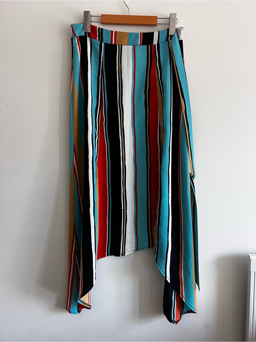 Sans Souci Striped Asymmetrical Skirt in Turquoise, Red, Black and Gold